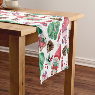 Chemin De Table Court Aquarelle mignonne Gnomes de Noël Motif Rouge Vert