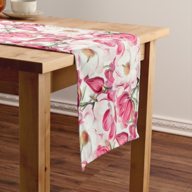 Chemin De Table Court Aquarelle rose Magnolia Motif (In Situ)