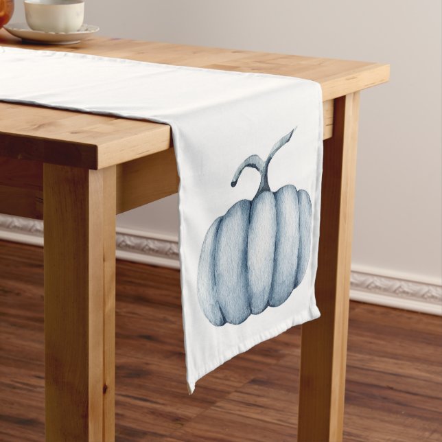 Chemin De Table Court Aquarelle Thanksgiving citrouille bleu (In Situ)
