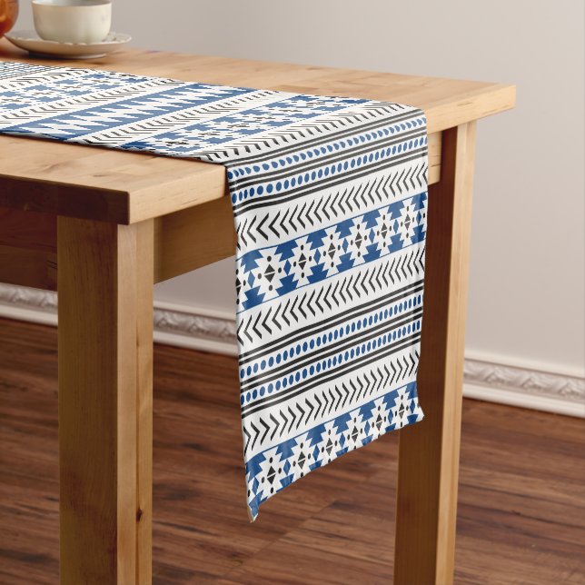 Chemin De Table Court Aztec Tribal Motif Bleu Noir Et Blanc (In Situ)