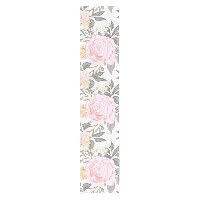 Chemin De Table Court Belle rose fleurie et feuillage vert (Devant)