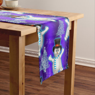 Chemin De Table Court Bleu mignon Dancing Snowman Noël