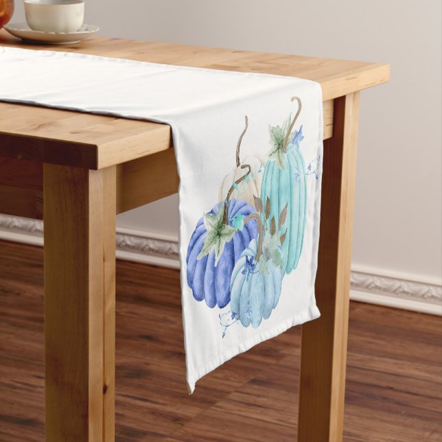 Chemin De Table Court Bleu sarcelle Aqua Taupe Citrouille Automne (In Situ)