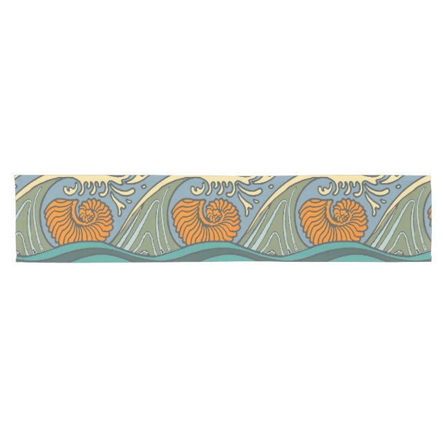 Chemin De Table Court Blue Ocean Waves Nautilus Seashell Motif Nouveau (Horizontal)