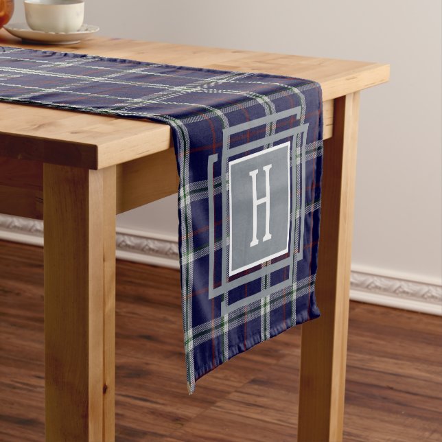 Chemin De Table Court Blue white Tartan Monogram  (In Situ)
