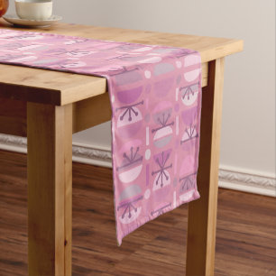 Chemin De Table Court Boho Retro Bowls Lignes Rose