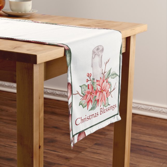 Chemin De Table Court Bougie aquarelle et poinsettia personnalisés Noël (In Situ)