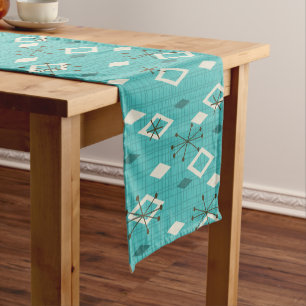Chemin De Table Court Carreau du milieu du siècle Starbursts Turquoise