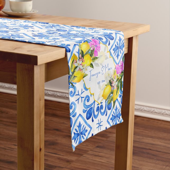 Chemin De Table Court Carreaux bleus citron Bougainvillea cadeau de mari (In Situ)