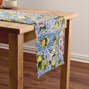 Chemin De Table Court Carreaux bleus citron Méditerranée