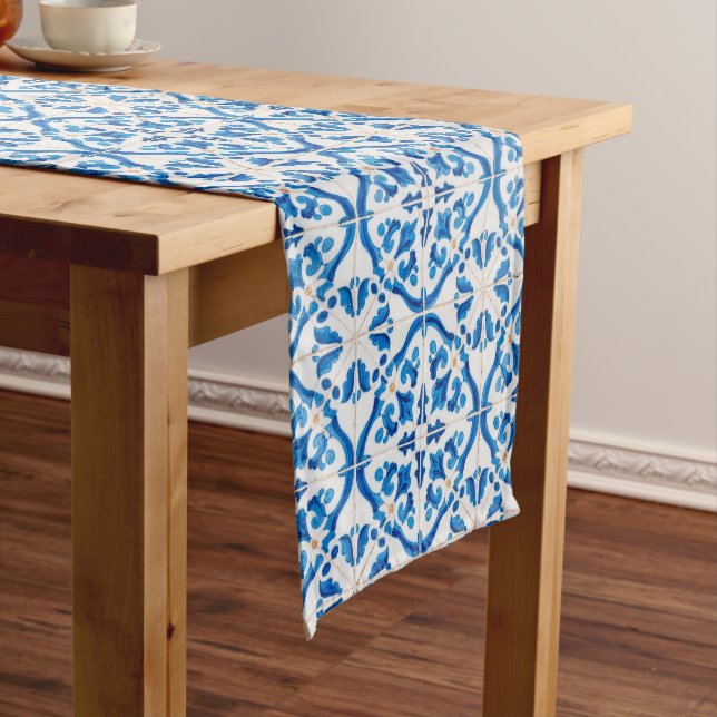 Chemin De Table Court Carrelage Bleu Méditerranéen Motif - Elégant Azule (In Situ)