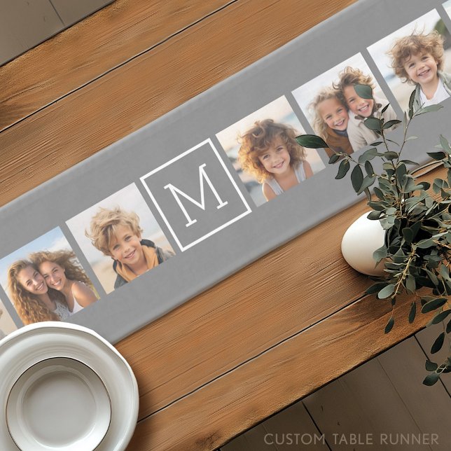 Chemin De Table Court Charbon Blanc 8 Photo Collage Personnalisé Monogra (Custom Table Runner)