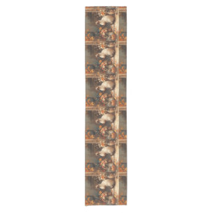 Chemin De Table Court Chat d'automne avec fleurs pour Thanksgiving