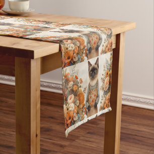 Chemin De Table Court Chat d'automne avec fleurs pour Thanksgiving
