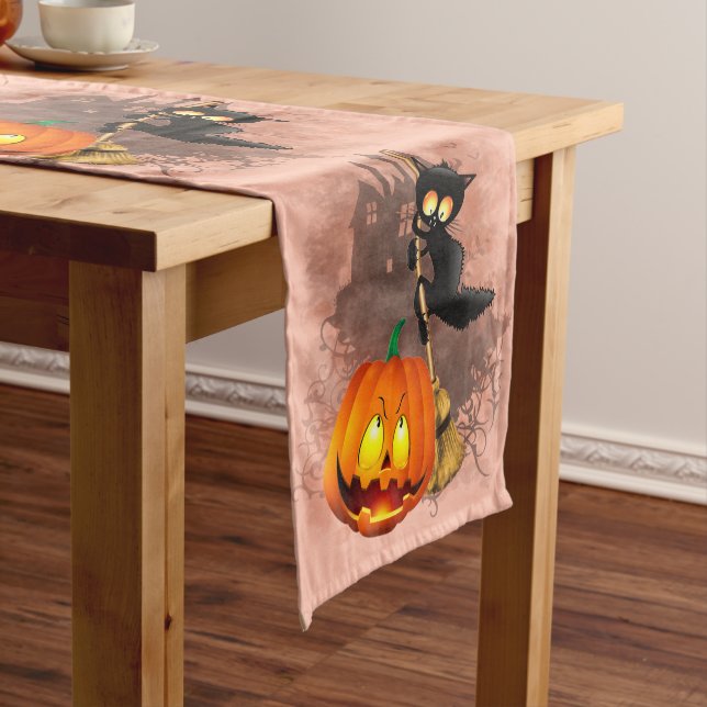 Chemin De Table Court Chat effrayé par Citrouille Fun Halloween caractèr (In Situ)