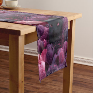 Chemin De Table Court Chat noir surréaliste et motif floral de pivoine r