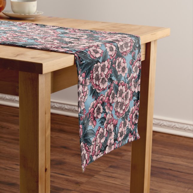Chemin De Table Court Cherry blossom in pink and blue (In Situ)