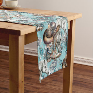 Chemin De Table Court Cheval fille cowgirl motif floral turquoise