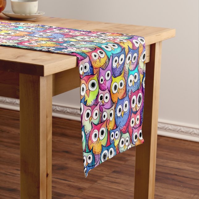 Chemin De Table Court Chouette face des oiseaux caricaturaux motif forêt (In Situ)