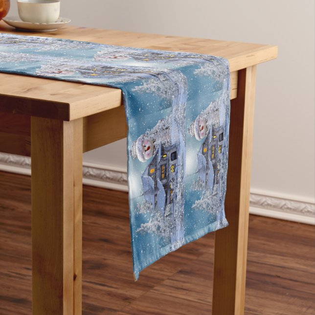 Chemin De Table Court Christmas Party Winter White Snowman Blue Rustic (In Situ)