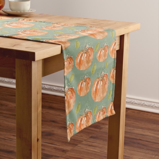 Chemin De Table Court Citrouille d'aquarelle orange et verte (In Situ)
