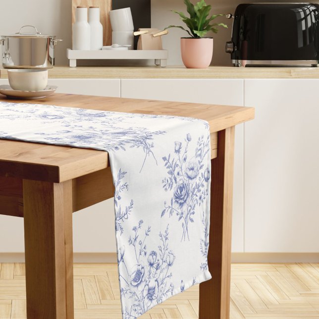 Chemin De Table Court Classic Blue Flowers Pattern French blue toile (In situ)