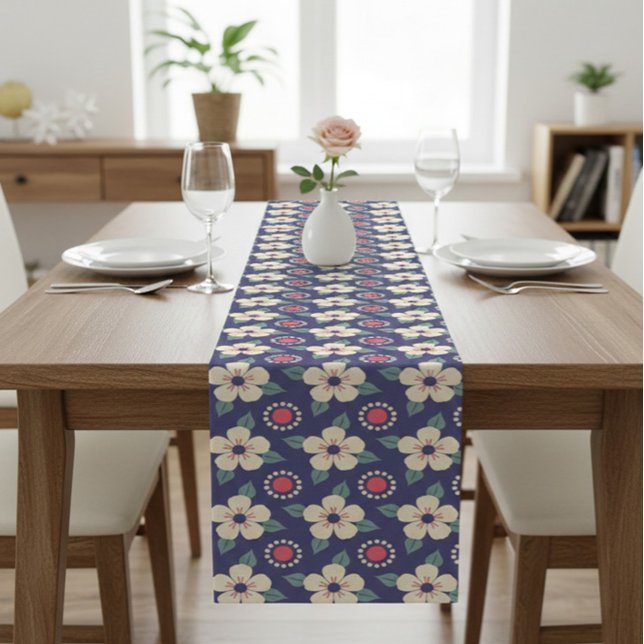 Chemin De Table Court Coureur de table bleu marine avec fleurs de crème (Créateur téléchargé)