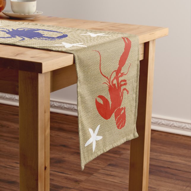 Chemin De Table Court Crabe Bleu & Homard Rouge Plage nautique "Burlap" (In Situ)
