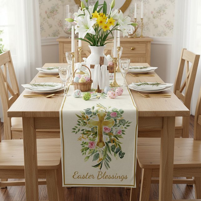 Chemin De Table Court Croix dorée et roses roses Pâques personnalisé  (Créateur téléchargé)