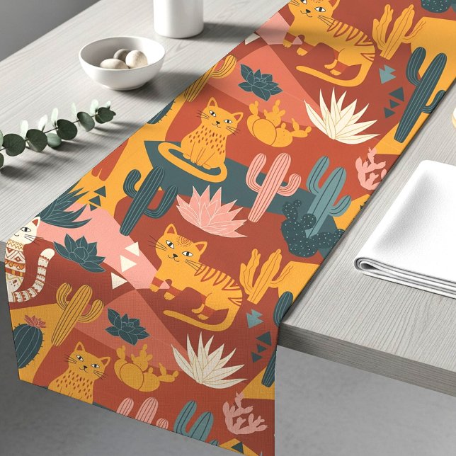 Chemin De Table Court Cute Boho Desert Cats Cactus Succulent Pattern (Créateur téléchargé)