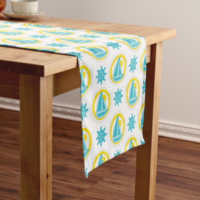 Chemin De Table Court Cute Jaune et Bleu Motif nautique (In Situ)