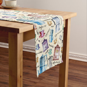 Chemin De Table Court Cute Watercolor retro cafetière tasses motif