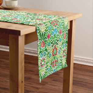 Chemin De Table Court Damassé floral jacobéen, vert et rouge corail