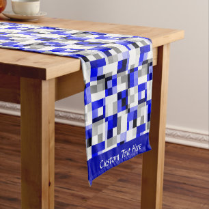 Chemin De Table Court Design Carré moderne Geometry Blue Black Checker