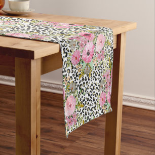 Chemin De Table Court Design empreinte de léopard et floral élégant