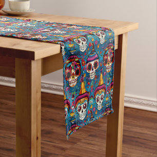 Chemin De Table Court Dia de Muertos, motif de crânes de sucre bleu