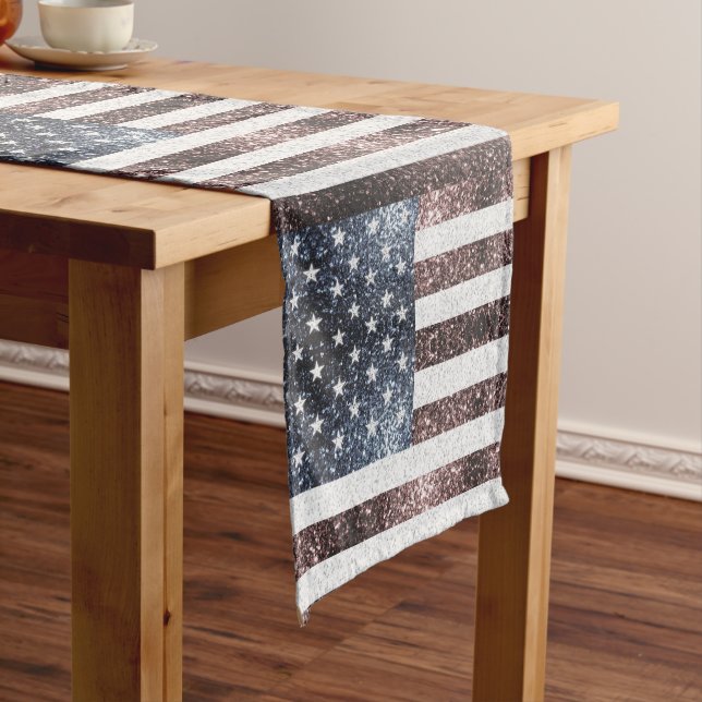Chemin De Table Court Drapeau rustique rouge blanc bleu étincelant USA (In Situ)