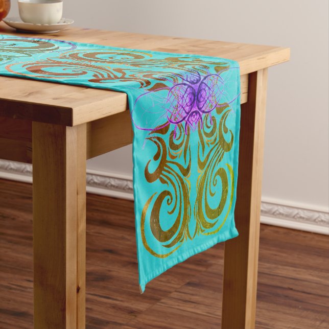 Chemin De Table Court Elégance turquoise, olive et violette (In Situ)