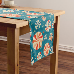 Chemin De Table Court Elégant Blue Retro Vintage Festif Noël bonbons
