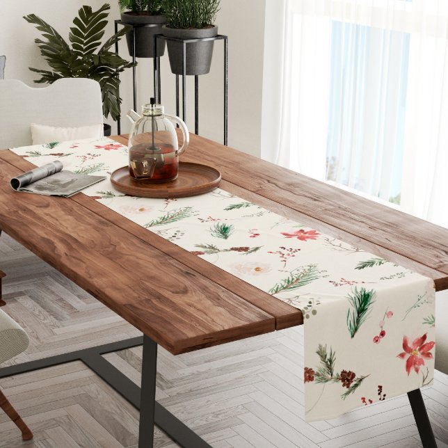 Chemin De Table Court Elégant Boho Poinsettia Verdure Noël hiver (Christmas Table Runner - Winter Greenery Pine Poinsettias Holly Cream Boho)