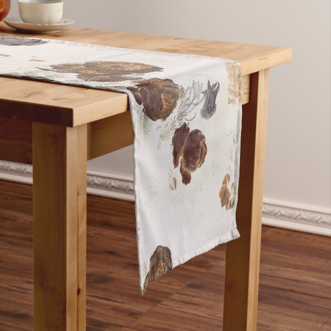 Chemin De Table Court Elégant chic Beige Brown Rose Floral Toile (In Situ)