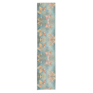 Chemin De Table Court Élégant Floral aux Feuilles de Teinte Rose et Vril