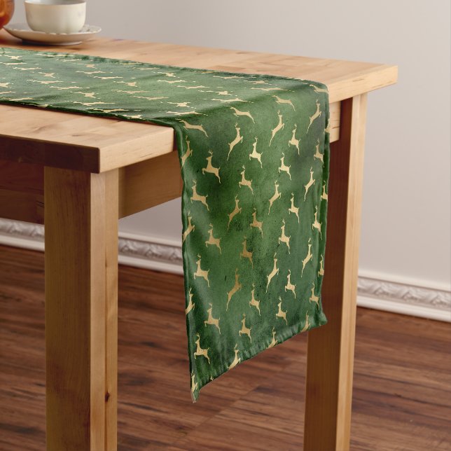 Chemin De Table Court Élégant Green & Gold Reindeer Noël (In Situ)