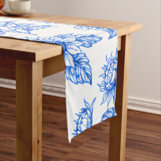 Chemin De Table Court Elegant Toile du Jouy Sunflowers – Blue Botanical 