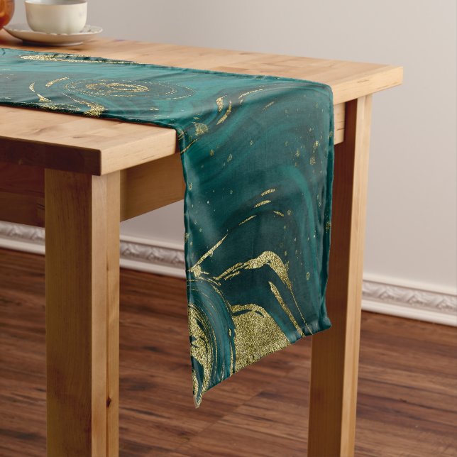 Chemin De Table Court Élégant Turquoise Vert & Or Marbre Swirl  (In Situ)