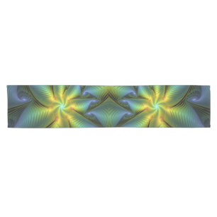 Chemin De Table Court Etoile Abstraite, Bleu brillant Vert Or Fractal Ar
