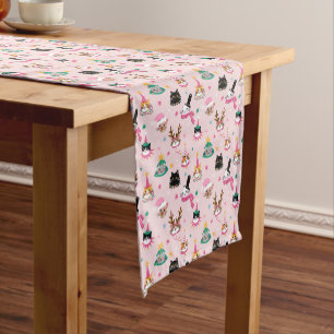 Chemin De Table Court Festive Chat Faces en Motif Casquette de vacances