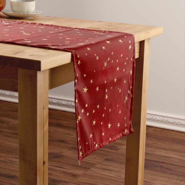 Chemin De Table Court Festive Red & Gold Foil hiver Étoiles de Noël (In Situ)