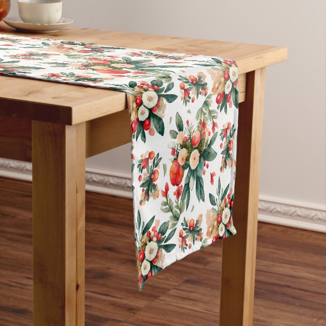Chemin De Table Court Fleurs de Noël avec bouquet vert motif (In Situ)