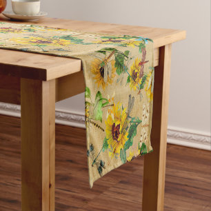 Chemin De Table Court Fleurs de soleil vintages et libellules